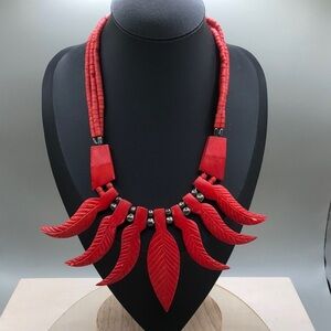 Vintage artisan carved leaf vibrant tribal boho festival statement necklace.